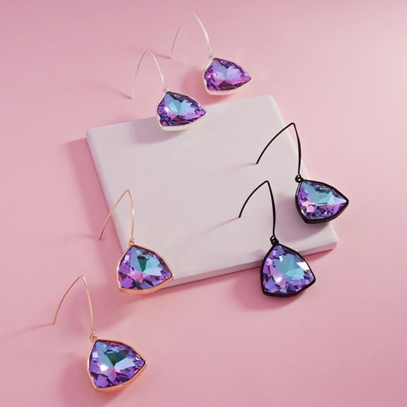 Black Geometric Angled Stone Teardrop Dangle Earrings Purple Statement Accessory - Picture 3 of 3